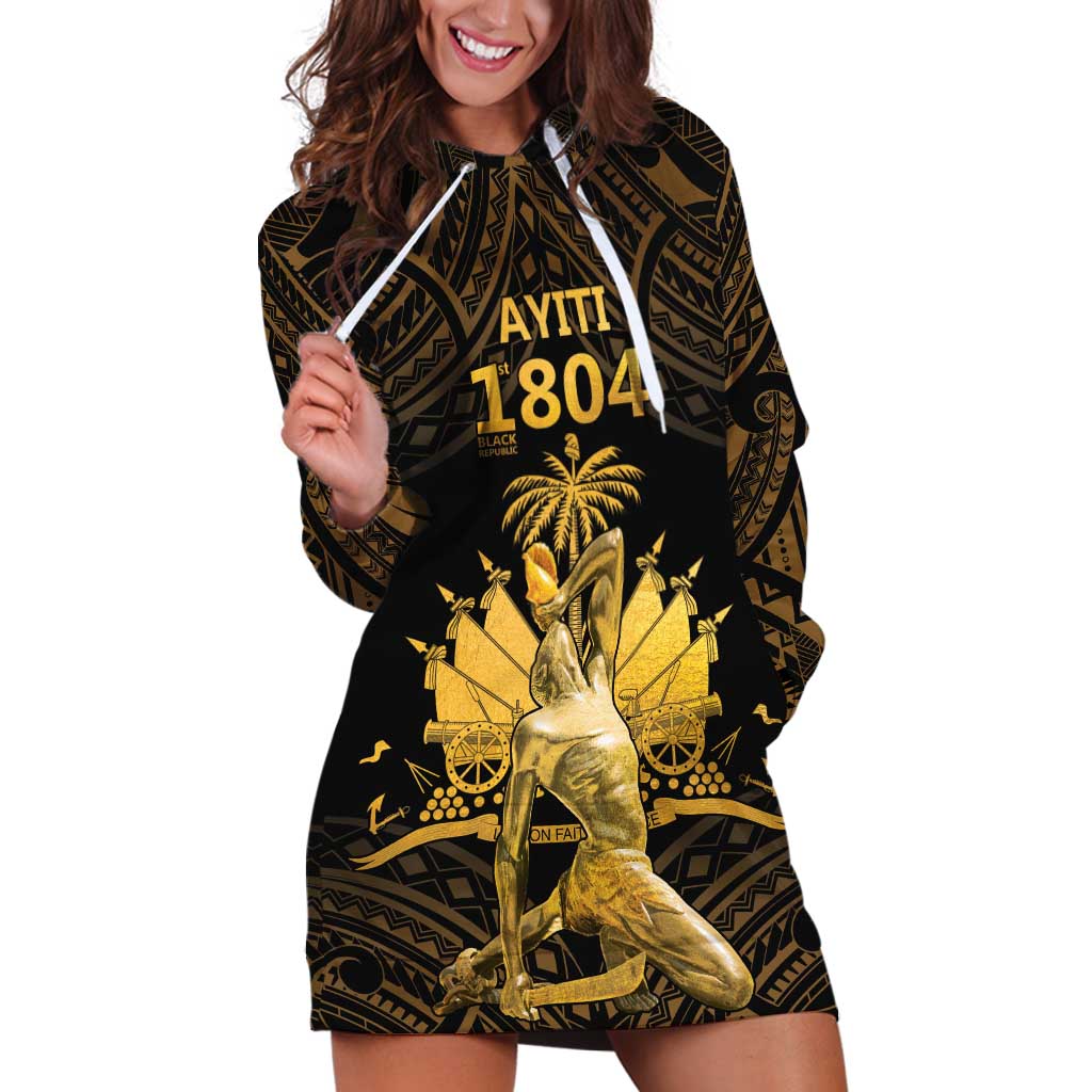 Haitian Negre Marron 1804 Hoodie Dress Gold Polynesian Pattern