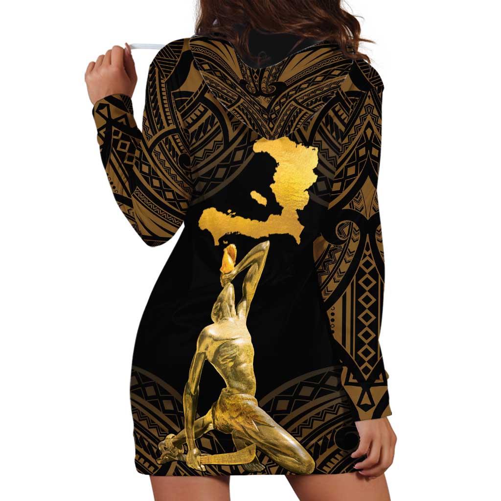 Haitian Negre Marron 1804 Hoodie Dress Gold Polynesian Pattern