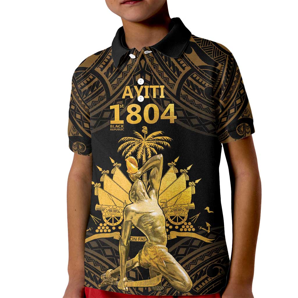 Haitian Negre Marron 1804 Kid Polo Shirt Gold Polynesian Pattern
