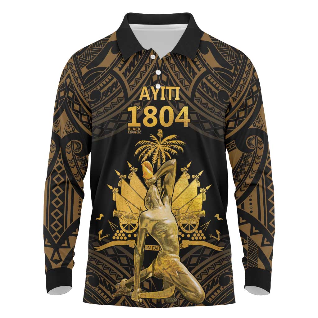 Haitian Negre Marron 1804 Long Sleeve Polo Shirt Gold Polynesian Pattern LT9 Gold - Polynesian Pride