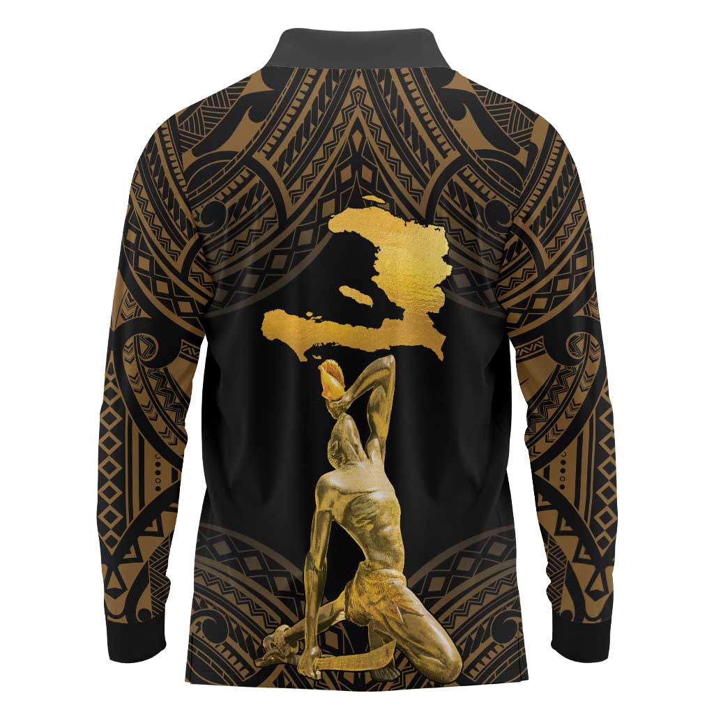 Haitian Negre Marron 1804 Long Sleeve Polo Shirt Gold Polynesian Pattern