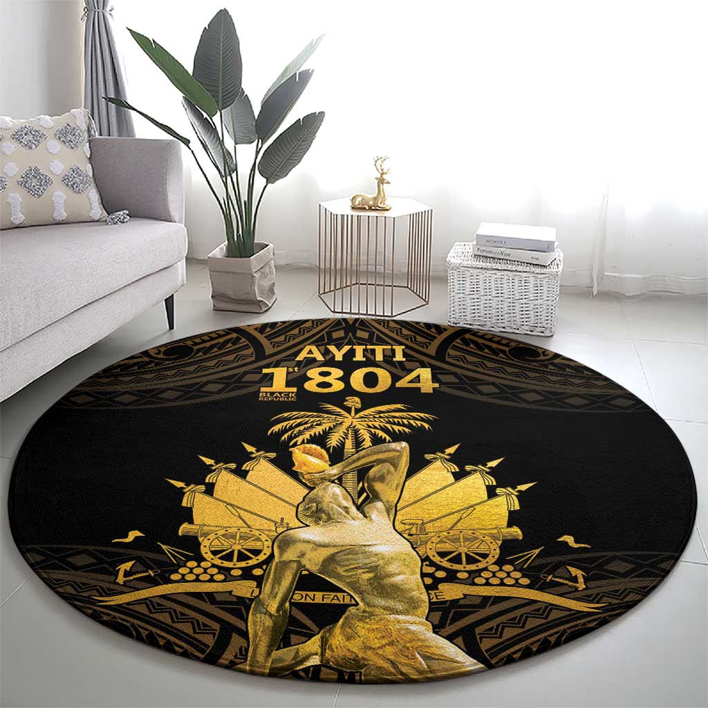 Haitian Negre Marron 1804 Round Carpet Gold Polynesian Pattern