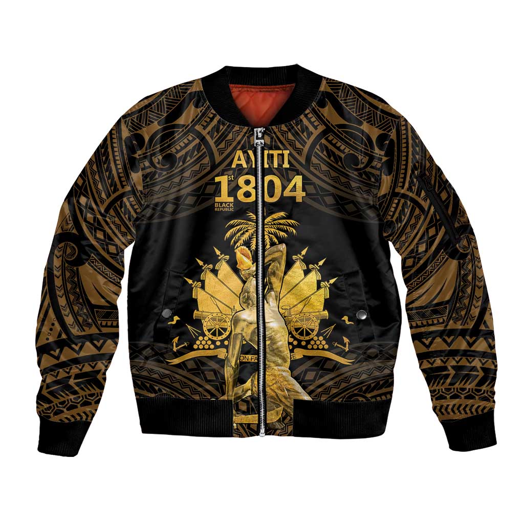 Haitian Negre Marron 1804 Sleeve Zip Bomber Jacket Gold Polynesian Pattern