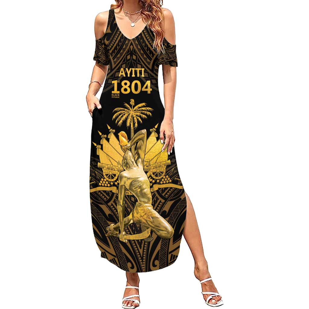 Haitian Negre Marron 1804 Summer Maxi Dress Gold Polynesian Pattern