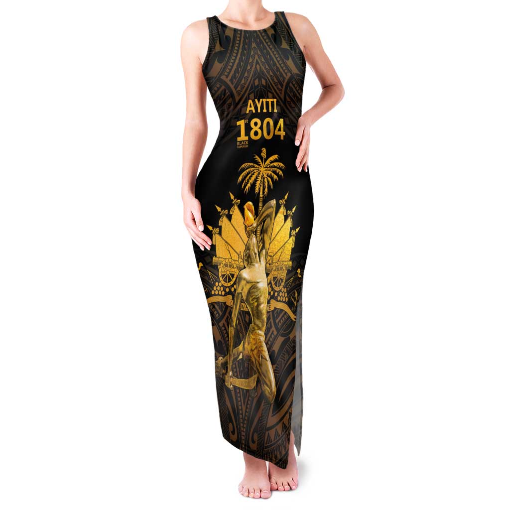 Haitian Negre Marron 1804 Tank Maxi Dress Gold Polynesian Pattern