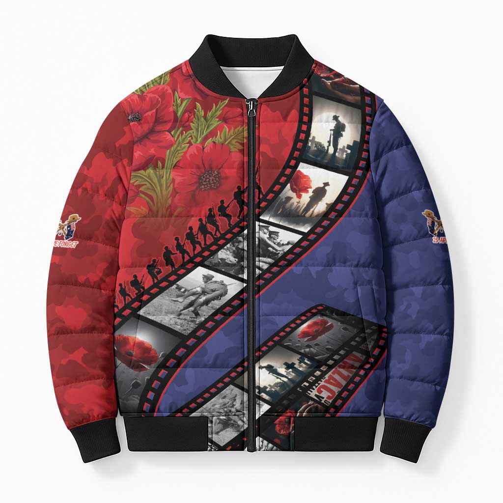 Personalised ANZAC Spirit 1915-2026 Filmstrip Tribute Bomber Puffer Jacket Lest We Forget 25 April