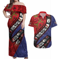 Personalised ANZAC Spirit 1915-2026 Filmstrip Tribute Couples Matching Off Shoulder Maxi Dress and Hawaiian Shirt Lest We Forget 25 April LT9 Red - Polynesian Pride