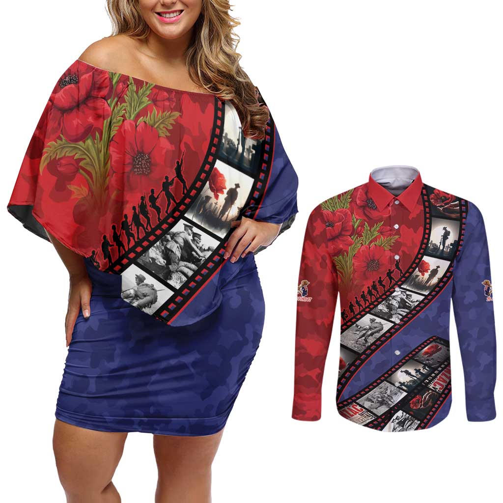 Personalised ANZAC Spirit 1915-2026 Filmstrip Tribute Couples Matching Off Shoulder Short Dress and Long Sleeve Button Shirt Lest We Forget 25 April LT9 Red - Polynesian Pride