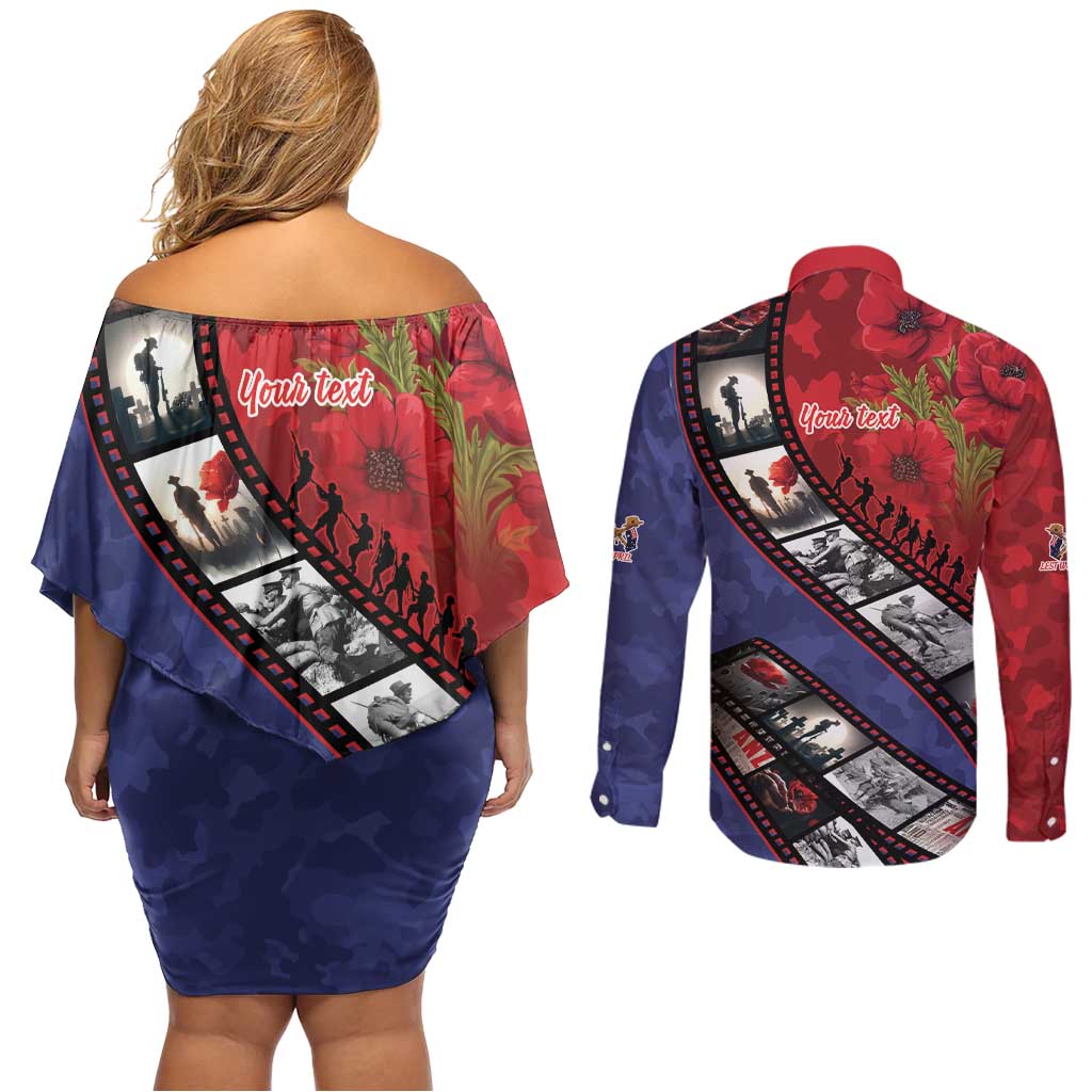 Personalised ANZAC Spirit 1915-2026 Filmstrip Tribute Couples Matching Off Shoulder Short Dress and Long Sleeve Button Shirt Lest We Forget 25 April LT9 - Polynesian Pride