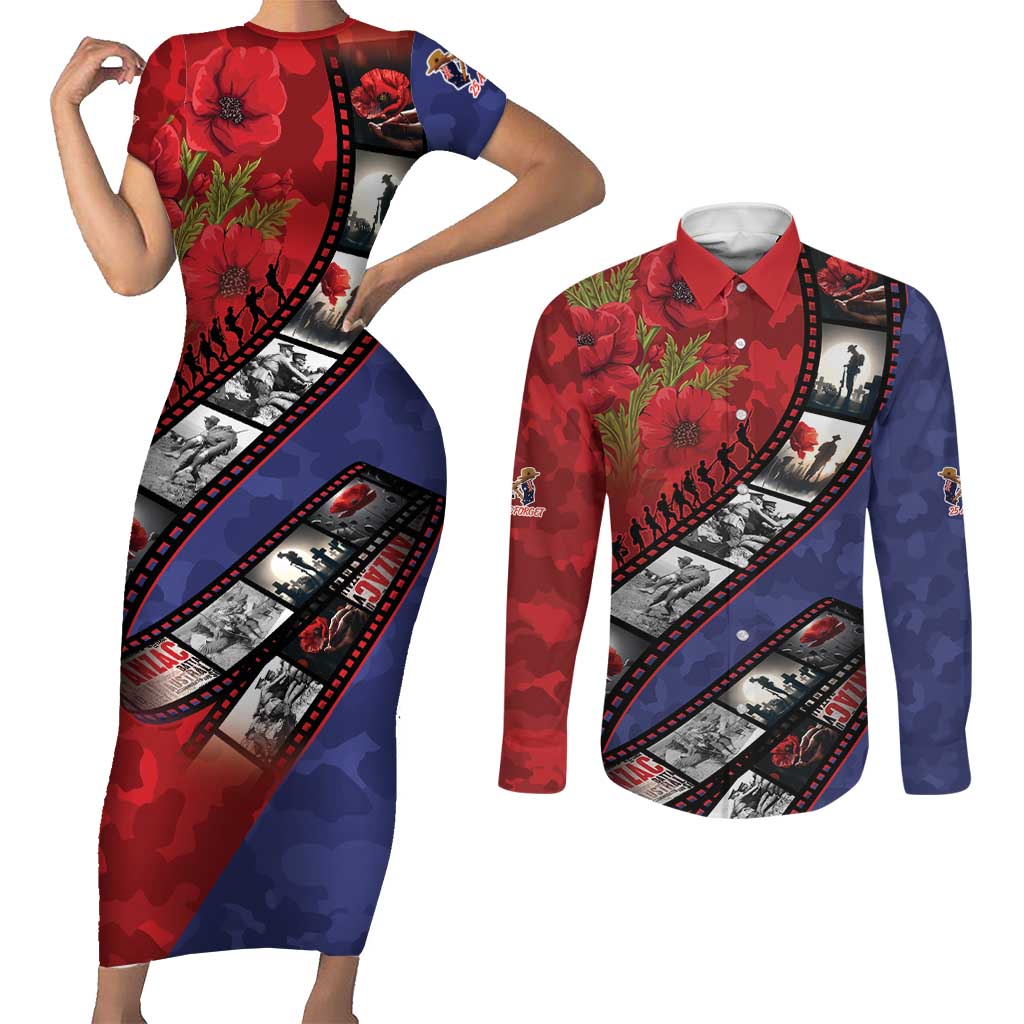 Personalised ANZAC Spirit 1915-2026 Filmstrip Tribute Couples Matching Short Sleeve Bodycon Dress and Long Sleeve Button Shirt Lest We Forget 25 April LT9 Red - Polynesian Pride