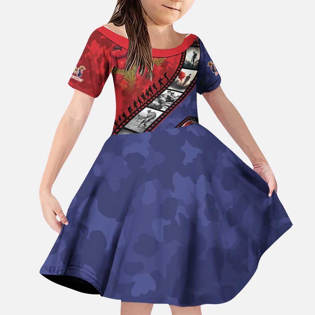 Personalised ANZAC Spirit 1915-2026 Filmstrip Tribute Family Matching Off Shoulder Maxi Dress and Hawaiian Shirt Lest We Forget 25 April LT9 Daughter's Dress Red - Polynesian Pride