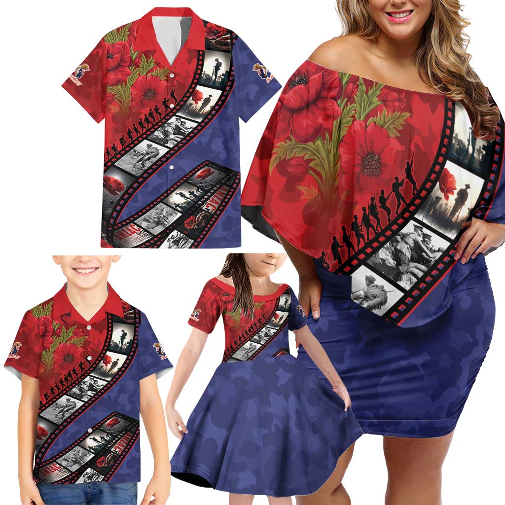 Personalised ANZAC Spirit 1915-2026 Filmstrip Tribute Family Matching Off Shoulder Short Dress and Hawaiian Shirt Lest We Forget 25 April LT9 - Polynesian Pride
