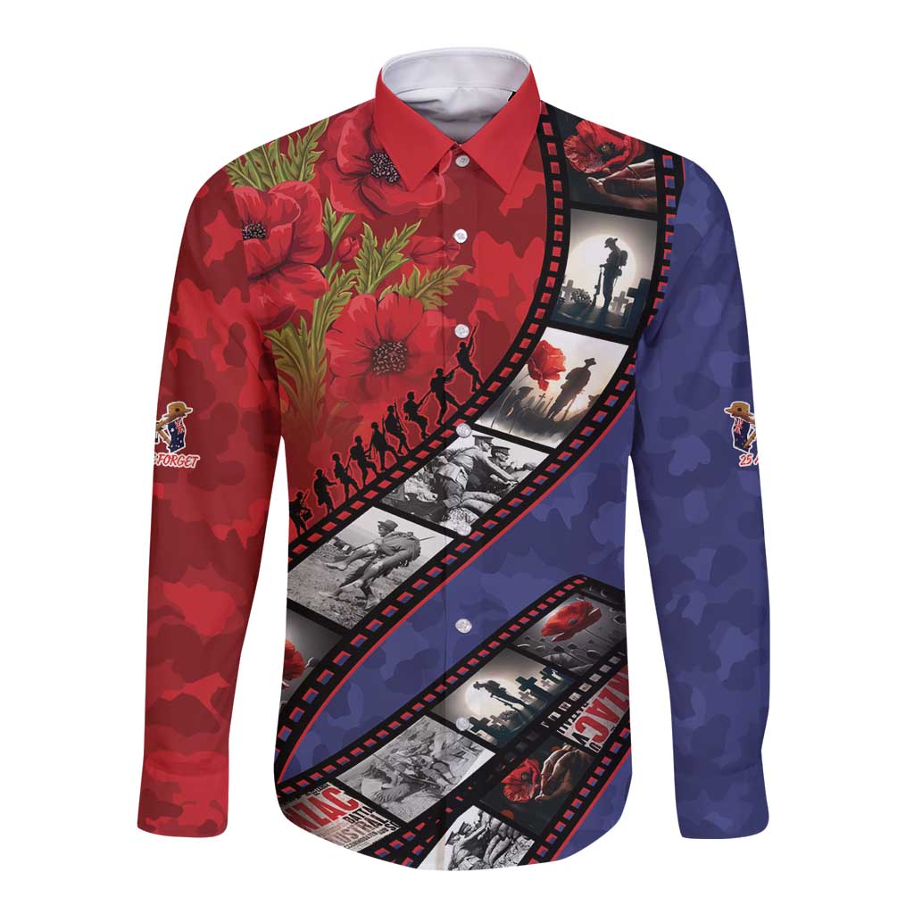 Personalised ANZAC Spirit 1915-2026 Filmstrip Tribute Long Sleeve Button Shirt Lest We Forget 25 April LT9 Unisex Red - Polynesian Pride