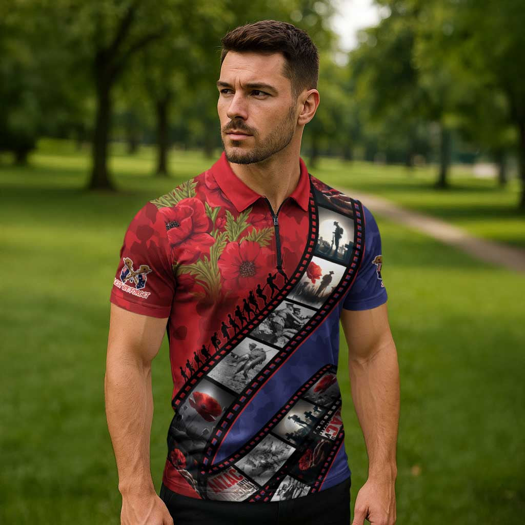 Personalised ANZAC Spirit 1915-2026 Filmstrip Tribute Zipper Polo Shirt Lest We Forget 25 April LT9 - Polynesian Pride
