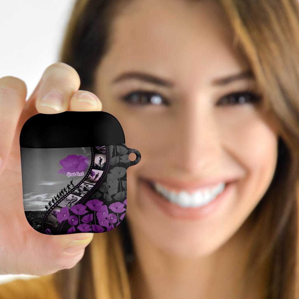 Personalised Remembering ANZAC Lest We Forget AirPods Case Vintage Film Frame Memorial Purple Poppy
