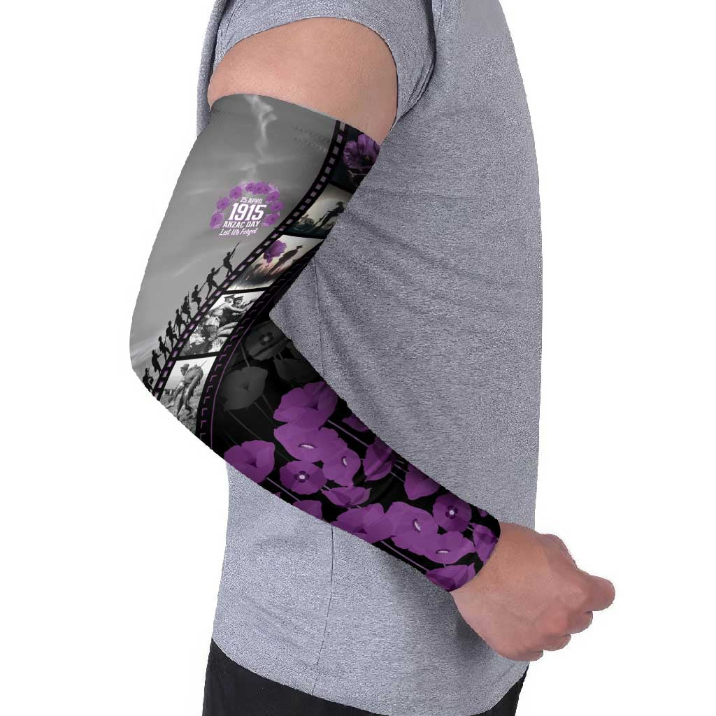 Personalised Remembering ANZAC Lest We Forget Arm Sleeves Vintage Film Frame Memorial Purple Poppy