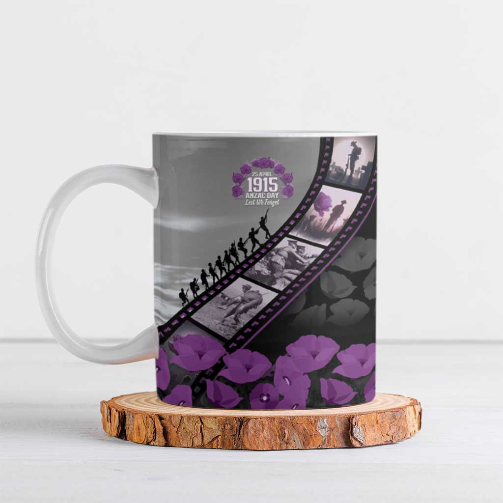 Personalised Remembering ANZAC Lest We Forget Ceramic Mug Vintage Film Frame Memorial Purple Poppy