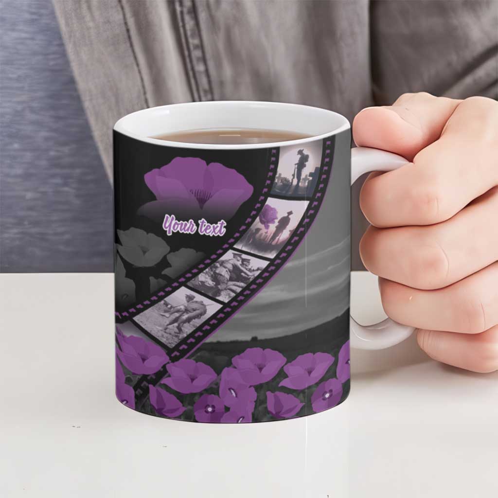 Personalised Remembering ANZAC Lest We Forget Ceramic Mug Vintage Film Frame Memorial Purple Poppy