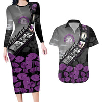 Personalised Remembering ANZAC Lest We Forget Couples Matching Long Sleeve Bodycon Dress and Hawaiian Shirt Vintage Film Frame Memorial Purple Poppy LT9 Purple - Polynesian Pride