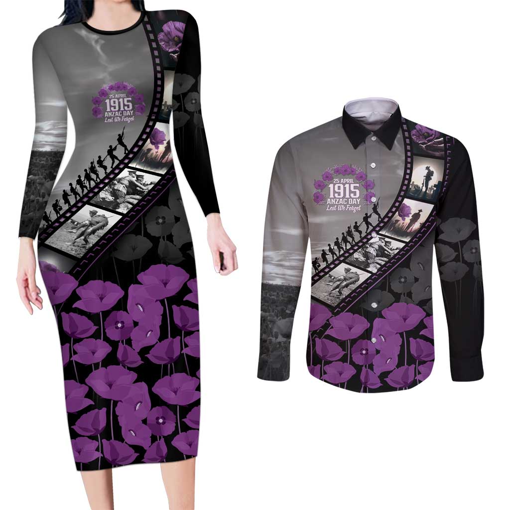 Personalised Remembering ANZAC Lest We Forget Couples Matching Long Sleeve Bodycon Dress and Long Sleeve Button Shirt Vintage Film Frame Memorial Purple Poppy LT9 Purple - Polynesian Pride