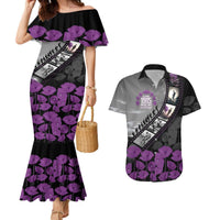 Personalised Remembering ANZAC Lest We Forget Couples Matching Mermaid Dress and Hawaiian Shirt Vintage Film Frame Memorial Purple Poppy LT9 Purple - Polynesian Pride