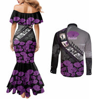 Personalised Remembering ANZAC Lest We Forget Couples Matching Mermaid Dress and Long Sleeve Button Shirt Vintage Film Frame Memorial Purple Poppy LT9 - Polynesian Pride