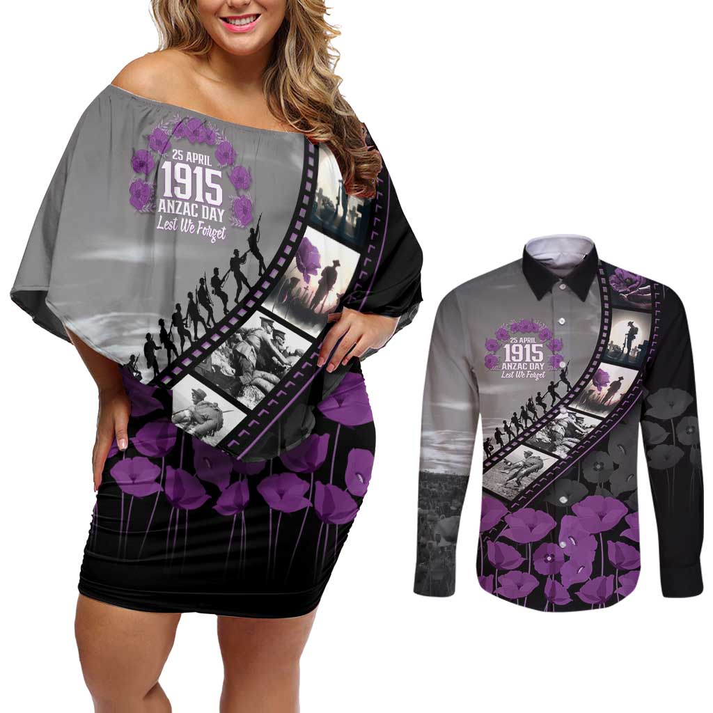 Personalised Remembering ANZAC Lest We Forget Couples Matching Off Shoulder Short Dress and Long Sleeve Button Shirt Vintage Film Frame Memorial Purple Poppy