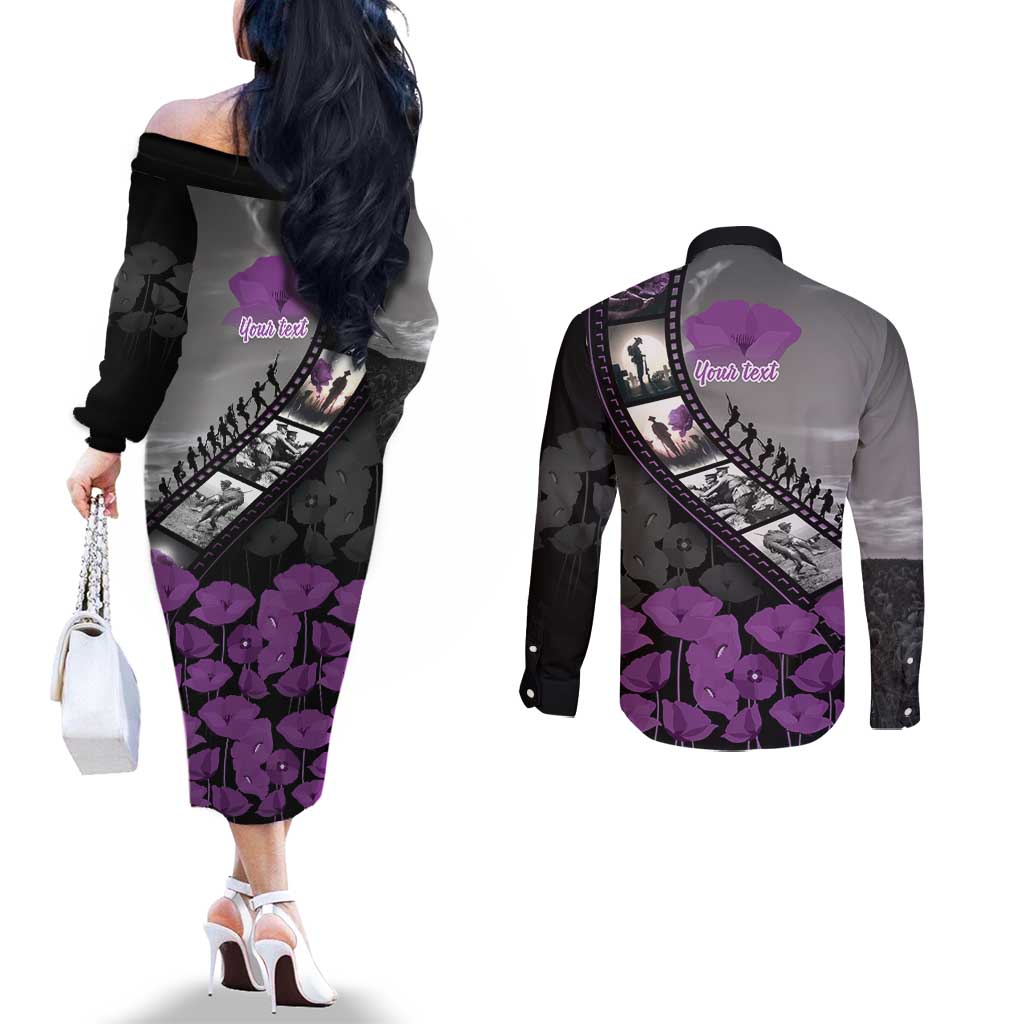 Personalised Remembering ANZAC Lest We Forget Couples Matching Off The Shoulder Long Sleeve Dress and Long Sleeve Button Shirt Vintage Film Frame Memorial Purple Poppy LT9 - Polynesian Pride