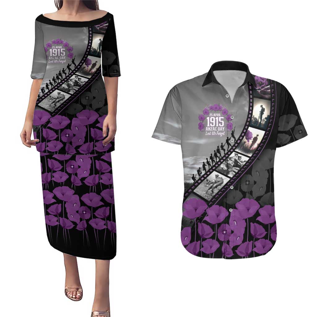 Personalised Remembering ANZAC Lest We Forget Couples Matching Puletasi and Hawaiian Shirt Vintage Film Frame Memorial Purple Poppy