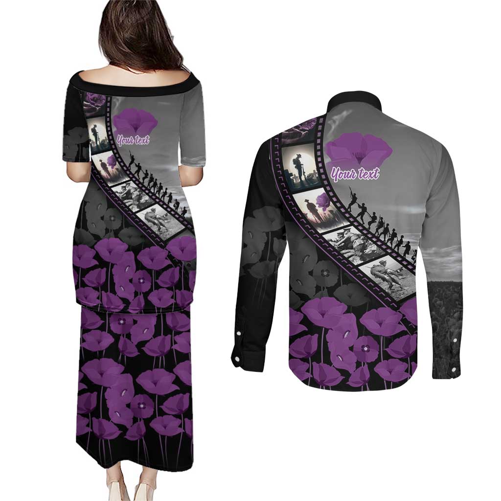 Personalised Remembering ANZAC Lest We Forget Couples Matching Puletasi and Long Sleeve Button Shirt Vintage Film Frame Memorial Purple Poppy LT9 - Polynesian Pride