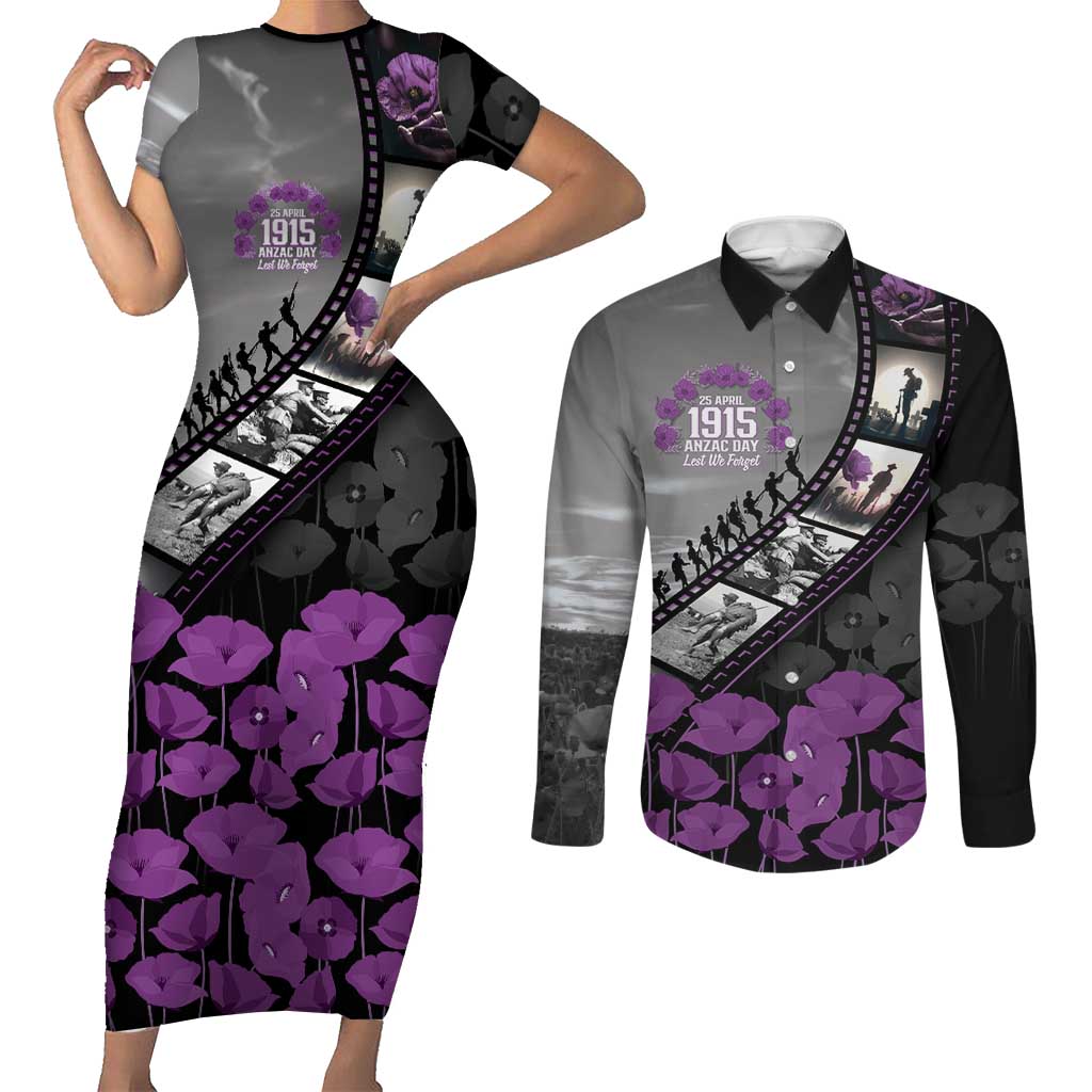 Personalised Remembering ANZAC Lest We Forget Couples Matching Short Sleeve Bodycon Dress and Long Sleeve Button Shirt Vintage Film Frame Memorial Purple Poppy