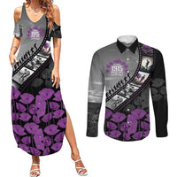 Personalised Remembering ANZAC Lest We Forget Couples Matching Summer Maxi Dress and Long Sleeve Button Shirt Vintage Film Frame Memorial Purple Poppy LT9 Purple - Polynesian Pride