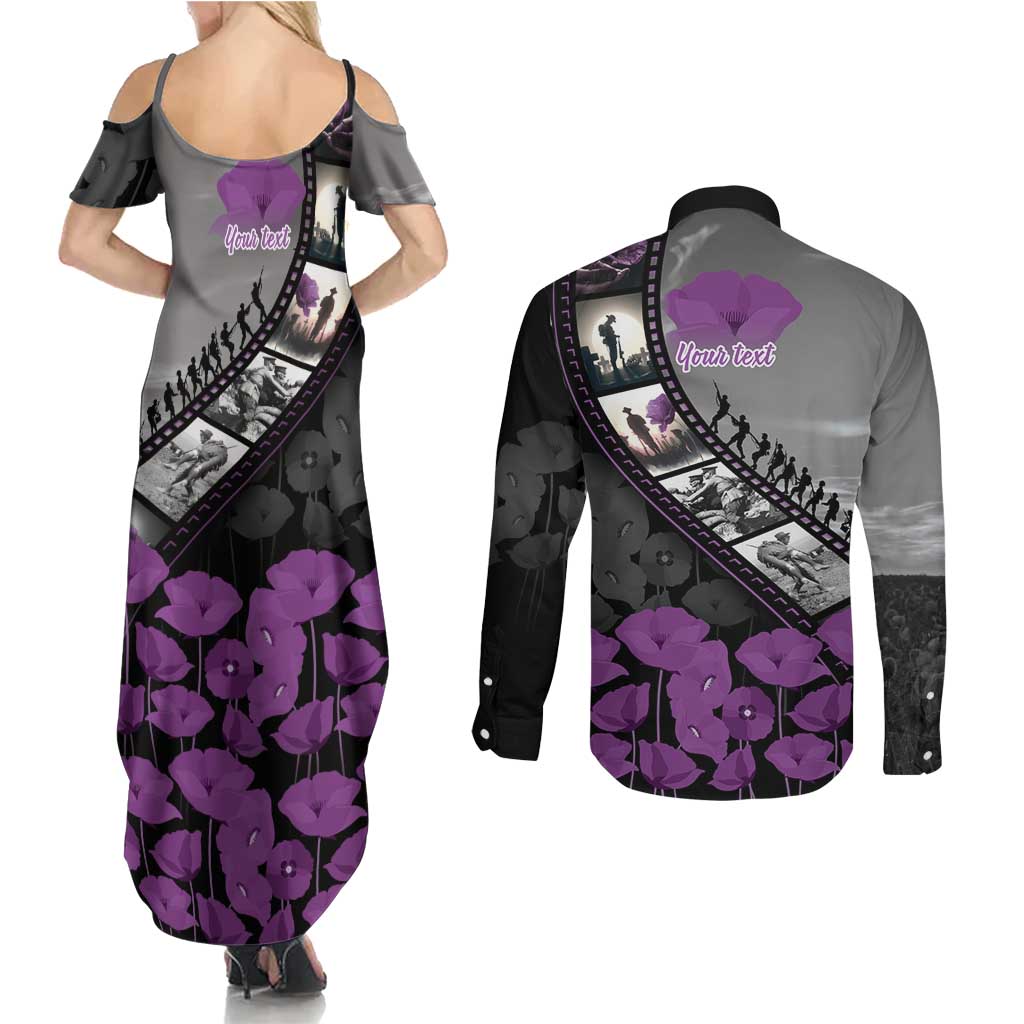 Personalised Remembering ANZAC Lest We Forget Couples Matching Summer Maxi Dress and Long Sleeve Button Shirt Vintage Film Frame Memorial Purple Poppy LT9 - Polynesian Pride
