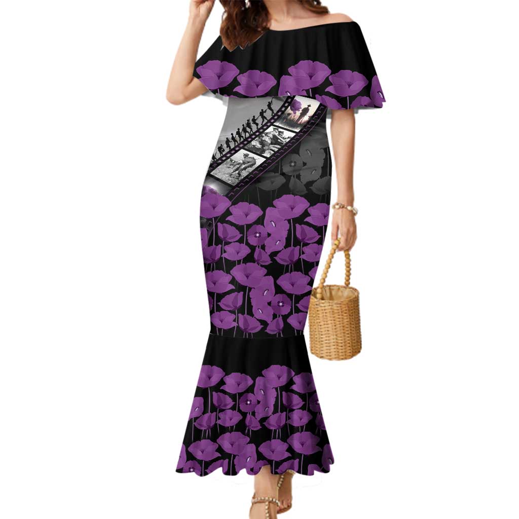 Personalised Remembering ANZAC Lest We Forget Family Matching Mermaid Dress and Hawaiian Shirt Vintage Film Frame Memorial Purple Poppy LT9 Mom's Dress Purple - Polynesian Pride