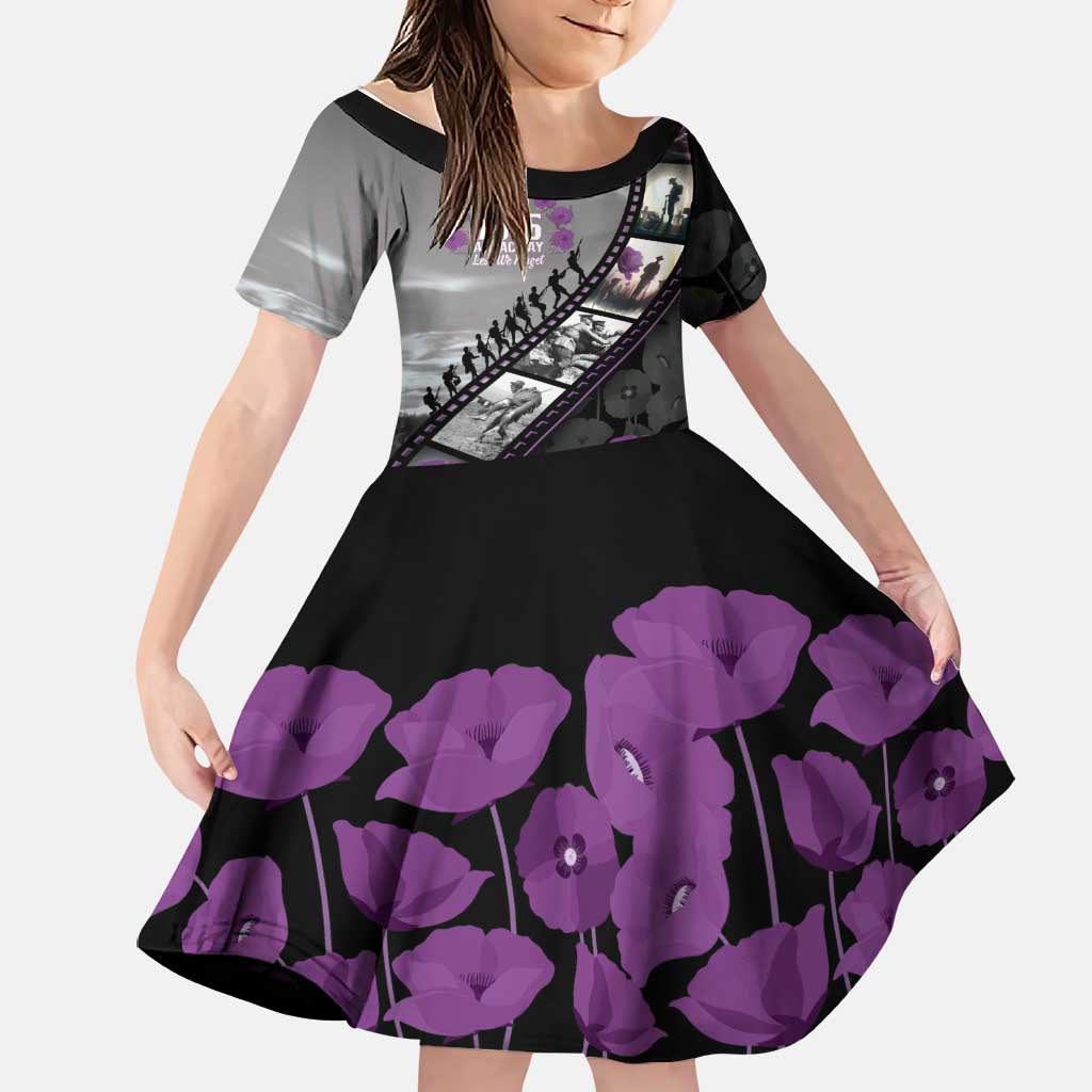 Personalised Remembering ANZAC Lest We Forget Family Matching Off The Shoulder Long Sleeve Dress and Hawaiian Shirt Vintage Film Frame Memorial Purple Poppy LT9 Daughter's Dress Purple - Polynesian Pride