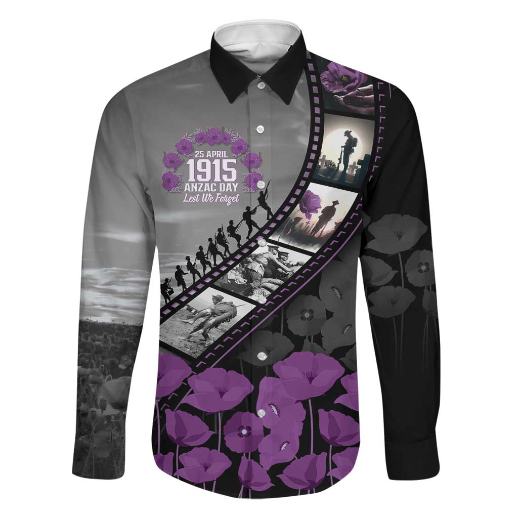 Personalised Remembering ANZAC Lest We Forget Family Matching Off Shoulder Maxi Dress and Hawaiian Shirt Vintage Film Frame Memorial Purple Poppy LT9 Dad's Shirt - Long Sleeve Purple - Polynesian Pride