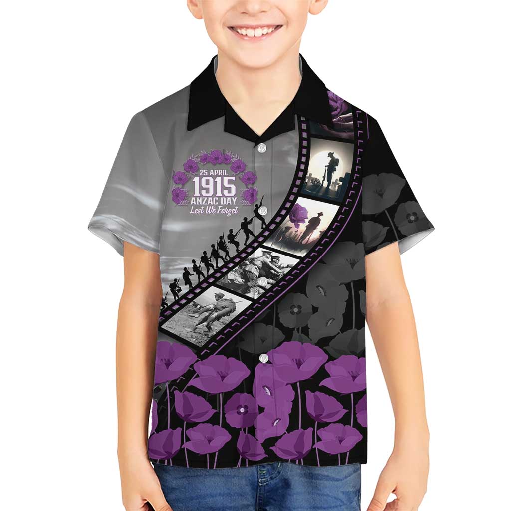 Personalised Remembering ANZAC Lest We Forget Family Matching Summer Maxi Dress and Hawaiian Shirt Vintage Film Frame Memorial Purple Poppy LT9 Son's Shirt Purple - Polynesian Pride