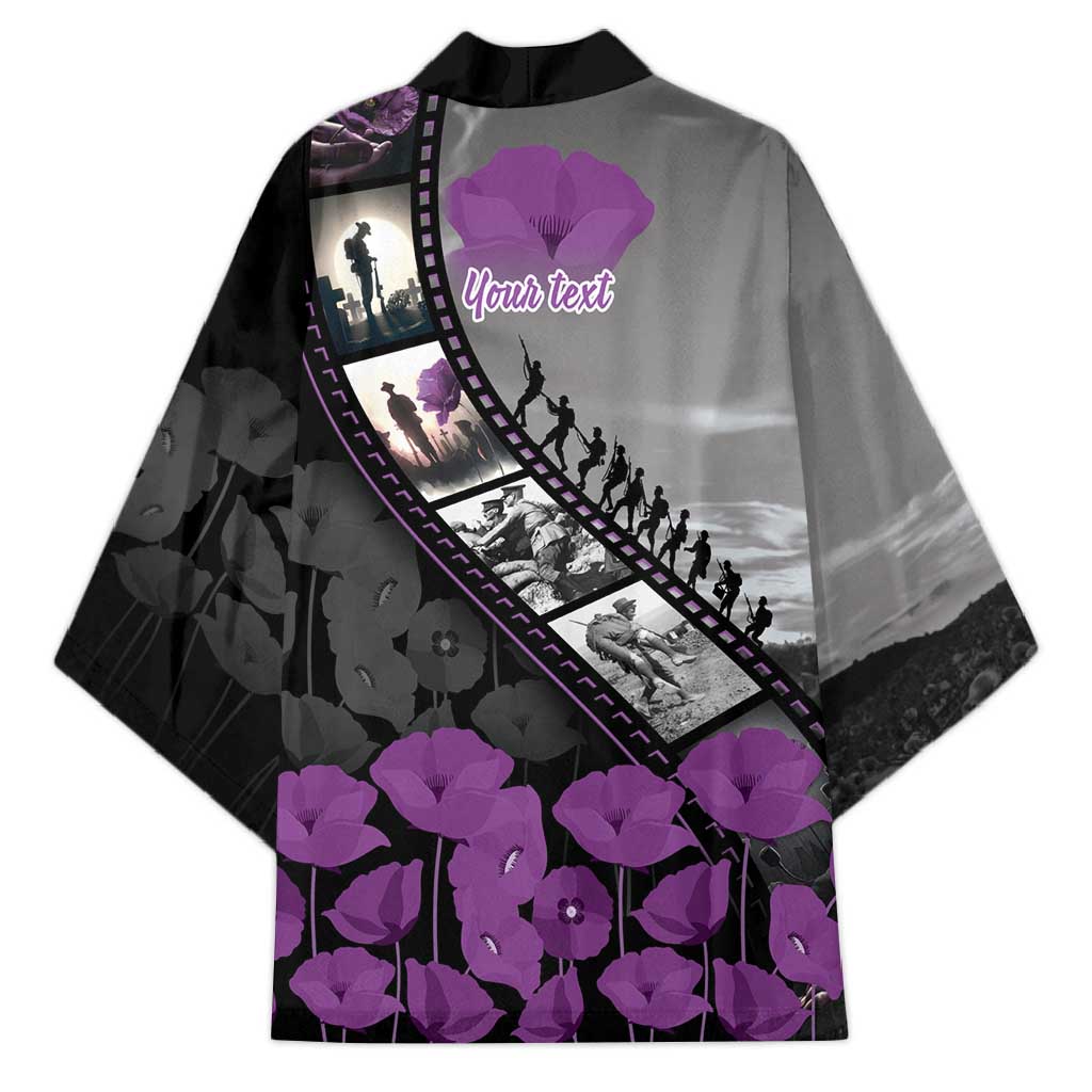 Personalised Remembering ANZAC Lest We Forget Kimono Vintage Film Frame Memorial Purple Poppy