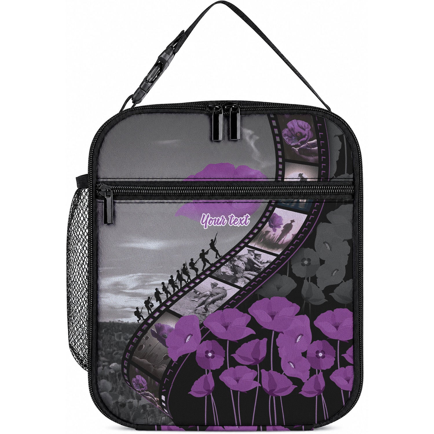 Personalised Remembering ANZAC Lest We Forget Lunch Bag Vintage Film Frame Memorial Purple Poppy LT9 10.2 × 8.3 × 4.3 inch Purple - Polynesian Pride