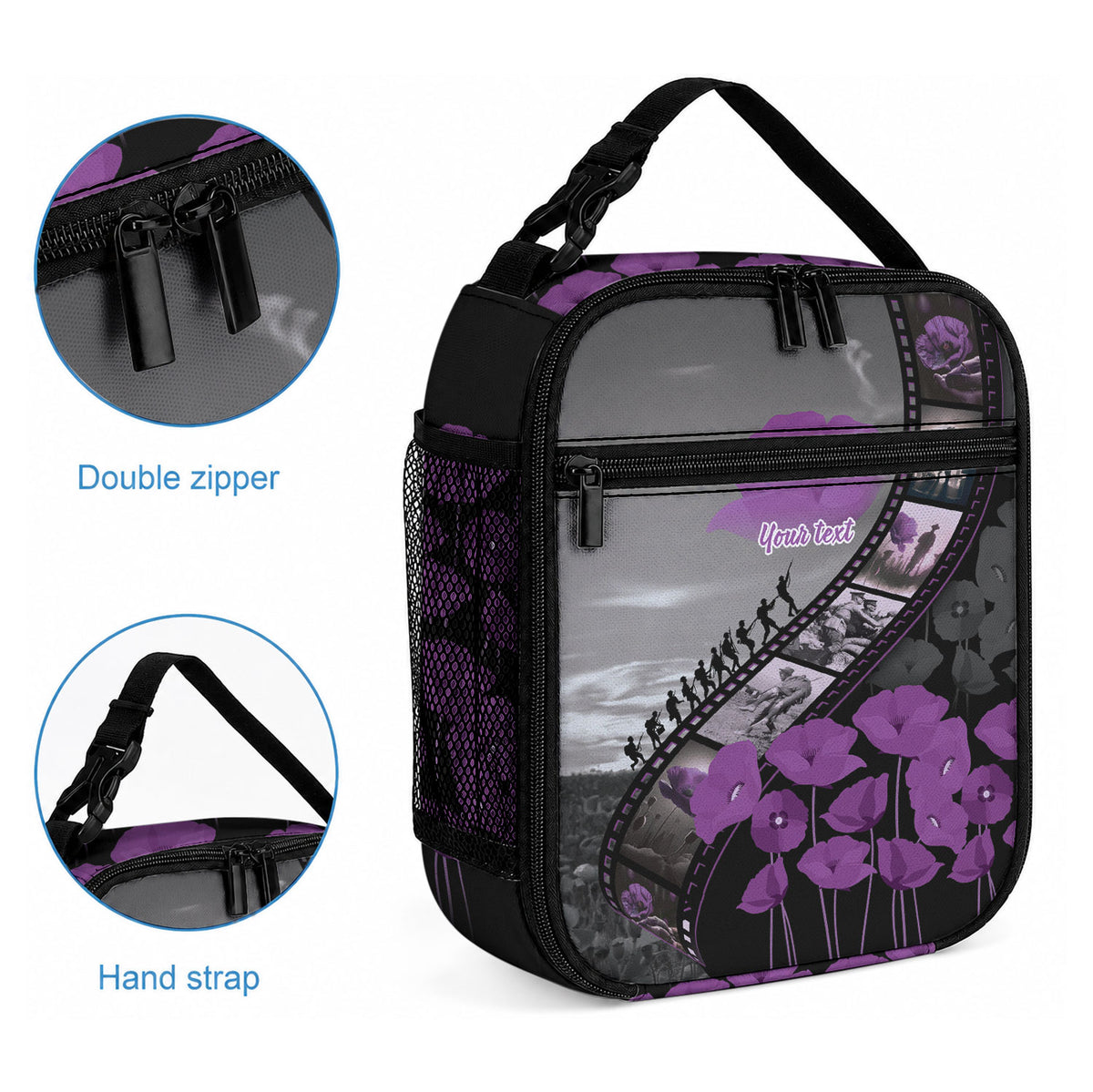 Personalised Remembering ANZAC Lest We Forget Lunch Bag Vintage Film Frame Memorial Purple Poppy LT9 - Polynesian Pride
