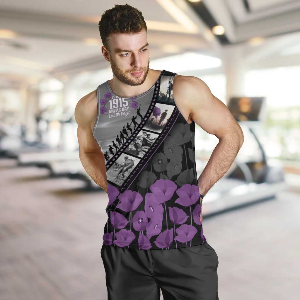 Personalised Remembering ANZAC Lest We Forget Men Tank Top Vintage Film Frame Memorial Purple Poppy