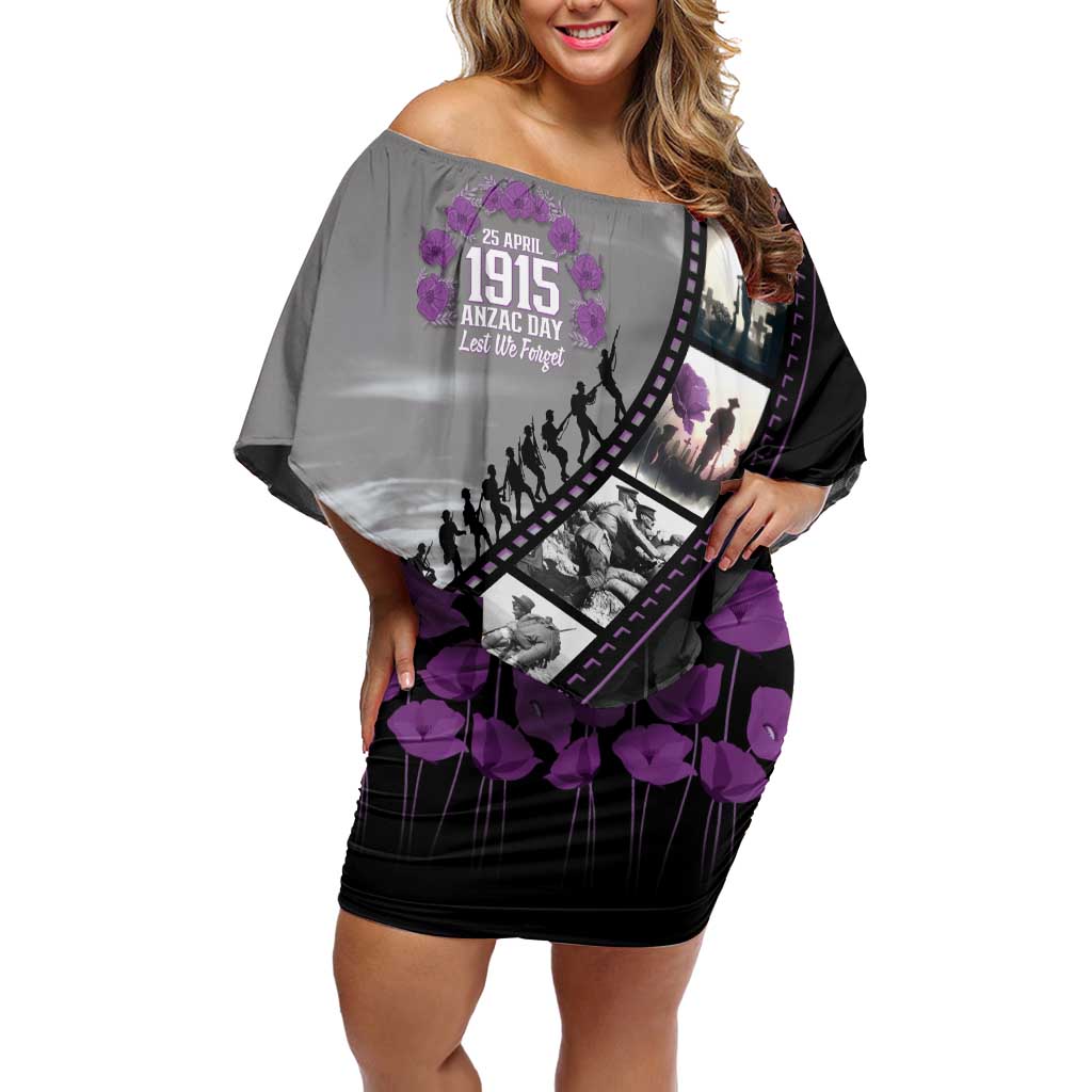 Personalised Remembering ANZAC Lest We Forget Off Shoulder Short Dress Vintage Film Frame Memorial Purple Poppy