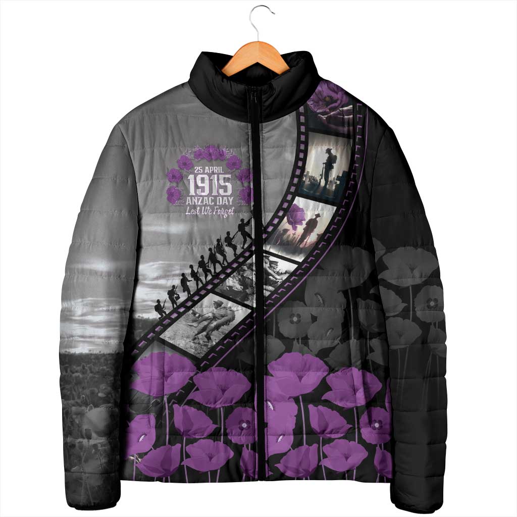 Personalised Remembering ANZAC Lest We Forget Padded Jacket Vintage Film Frame Memorial Purple Poppy