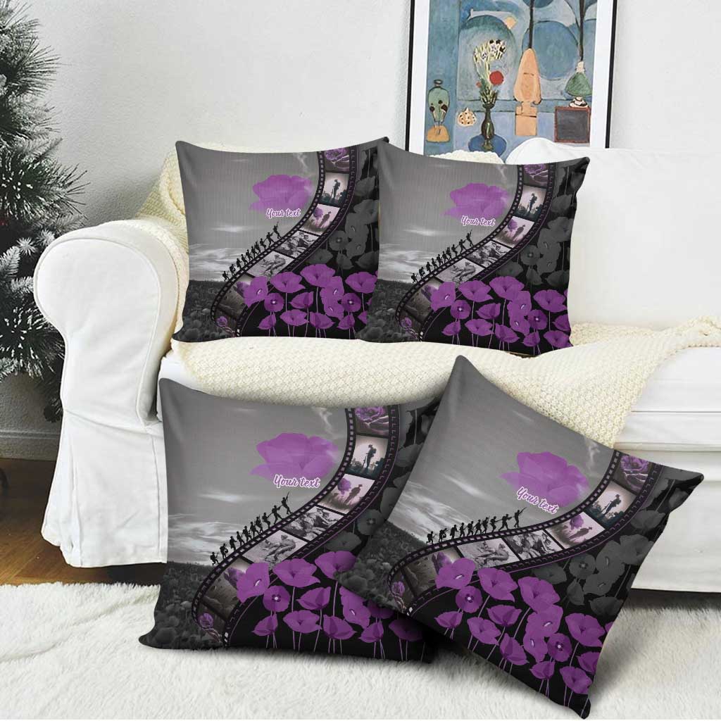 Personalised Remembering ANZAC Lest We Forget Pillow Cover Vintage Film Frame Memorial Purple Poppy