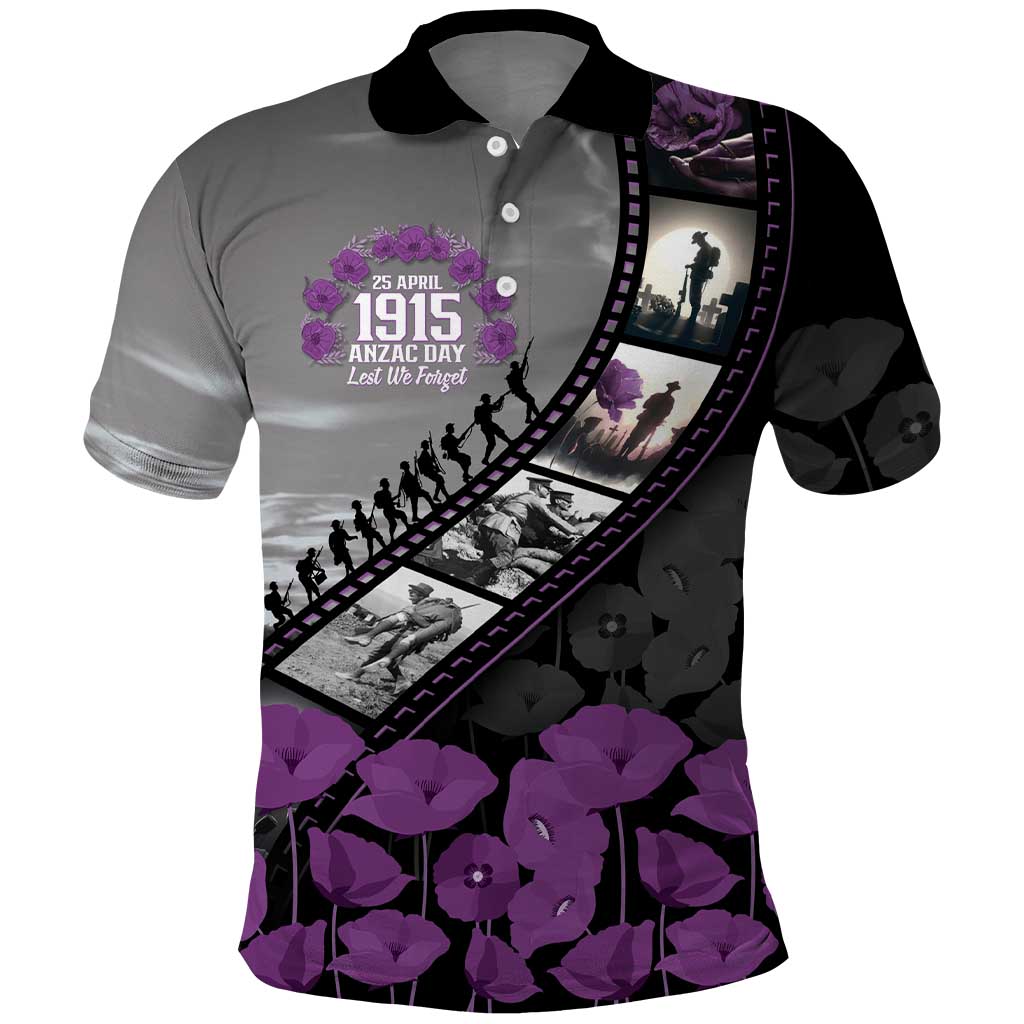 Personalised Remembering ANZAC Lest We Forget Polo Shirt Vintage Film Frame Memorial Purple Poppy
