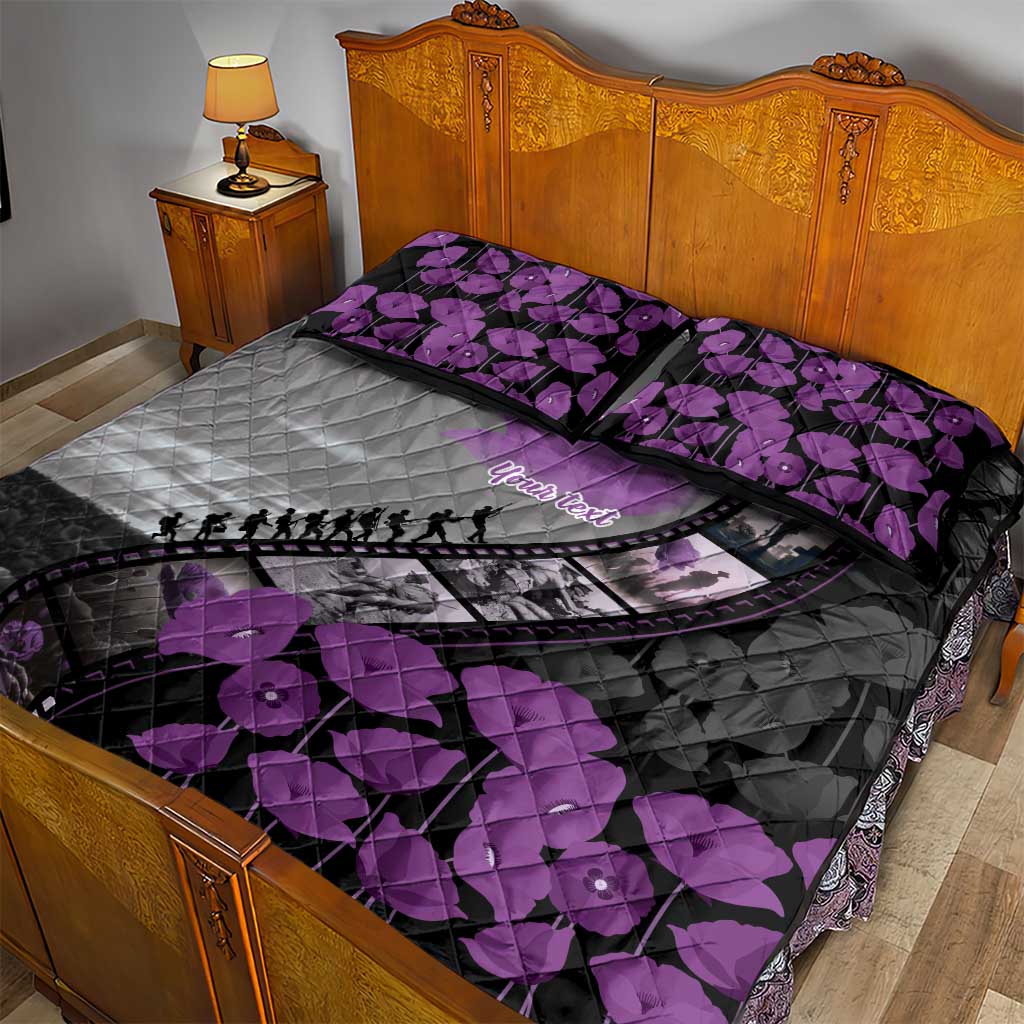 Personalised Remembering ANZAC Lest We Forget Quilt Bed Set Vintage Film Frame Memorial Purple Poppy