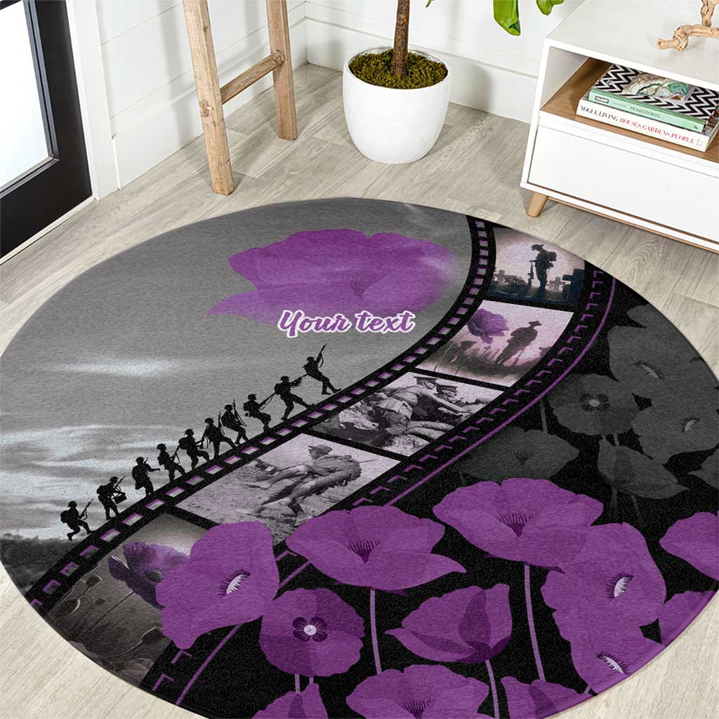 Personalised Remembering ANZAC Lest We Forget Round Carpet Vintage Film Frame Memorial Purple Poppy