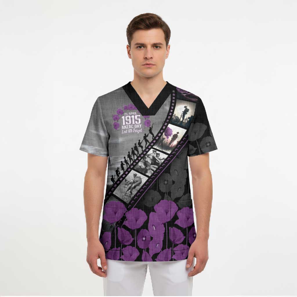 Personalised Remembering ANZAC Lest We Forget Scrub Top Vintage Film Frame Memorial Purple Poppy