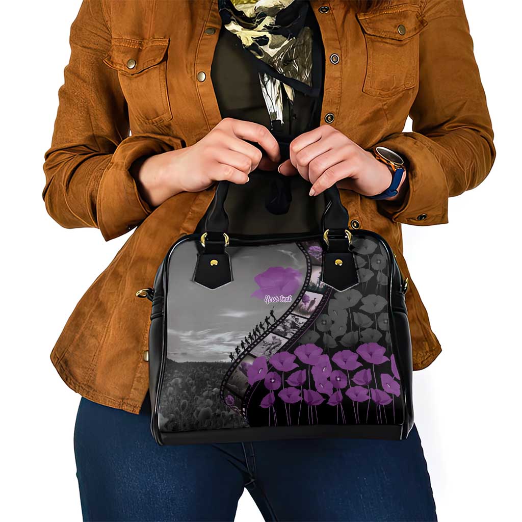 Personalised Remembering ANZAC Lest We Forget Shoulder Handbag Vintage Film Frame Memorial Purple Poppy
