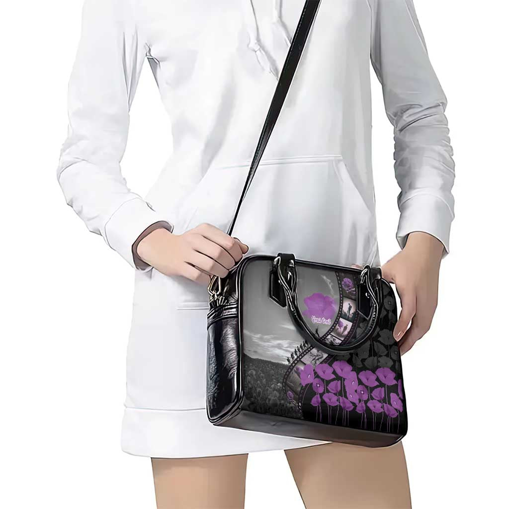 Personalised Remembering ANZAC Lest We Forget Shoulder Handbag Vintage Film Frame Memorial Purple Poppy
